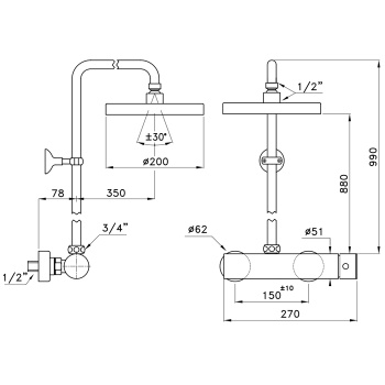 Душевой комплект Stella Bamboo 3283/301-200: смеситель, штанга+верхний душ 200 хром BT 02414 CR00