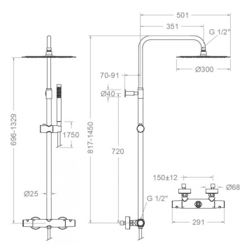 Душевая система Ramonsoler Tzar термостатическая без излива с регулировкой высоты золото 345412RM300OC