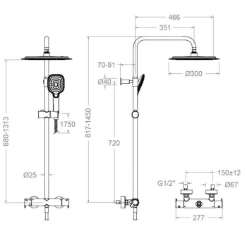 Душевая система Ramonsoler Blautherm термостатическая без излива с регулировкой высоты хром 945412RP300