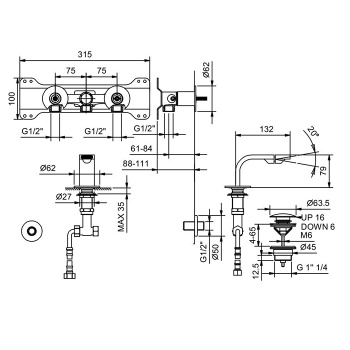 Смеситель для биде Fantini Venezia In 1 отв., с донным клапаном, излив 132, Matt Gun Metal PVD 29 P5 N511SB