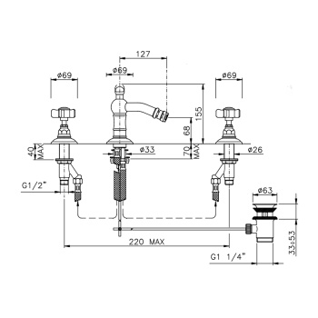 Смеситель для биде Nicolazzi Dames Anglaises на 3 отверстия, с донным клапаном, бронза 1415BZ18