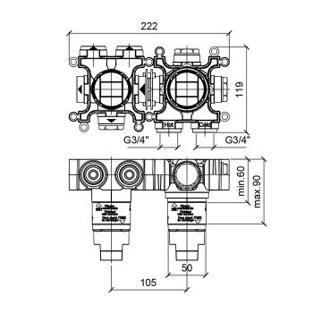 Встраиваемая часть термостатического смесителя с переключателем Almar на 3 положения, горизонтальный модуль, E176902