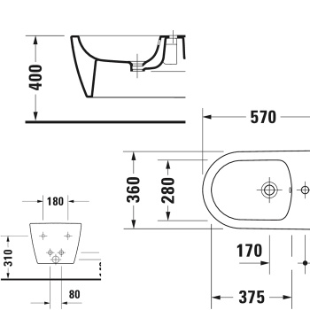 DURAVIT Bento Starck Box  Биде подвесное,370 x 570 мм, с 1 отв под смеситель, HygieneGlaze, белый матовый