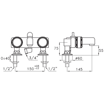 Смеситель на борт ванны Stella Timeaster на 2 отверстия 3267RG, круглая ручка d=65 хром, ручка черная TL 02001 CR00N