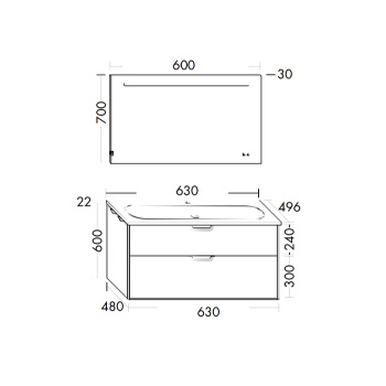Burgbad Vry Комплект мебели 63х49.6х62.2cм., подвесной, 2 ящика, c раковиной, с 1 отв., ручка черная матовая, цвет: белый матовый SGUX063 F6019 C0001