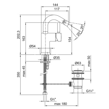 Смеситель для биде Fantini Cafe 1 отв., с донным клапаном, хром 42 02 1808F