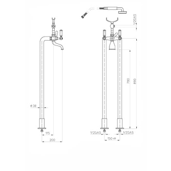 Bossini Liberty Смеситель для ванны, напольный, высота 890 мм, душ лейка Liberty шланг латунь, 150 с