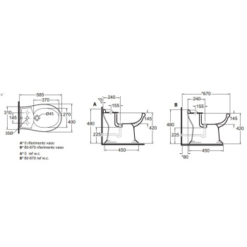 Биде напольное приставное Azzurra Jubilaeum 59x40см с 3 отв под смеситель, белый с креплением к полу JUBIT000000TBI/(JUB510/T bi)*3