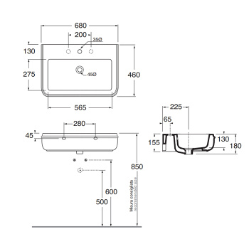 Раковина подвесная Azzurra Charme 68х46, с 3отв для смесителя, белый CHLP06846T0TBI