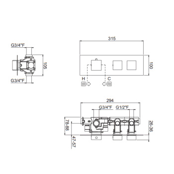 Внешняя часть горизонтальная термостатического смесителя Carimali Ilquadro на 2 потребителя. Квадратная пластина и ручки, хром 21020EST/O-CR