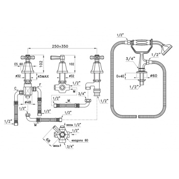 Смеситель на борт ванны Stella Eccelsa на 4 отверстия 3256TR2TC/307, без излива, золото 24К EC 02316 AU00