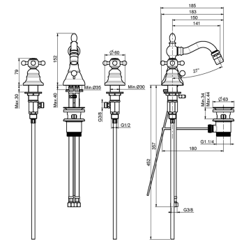 Смеситель для биде Fima Carlo Frattini Elizabeth на 3 отверстия, вращающийся излив, с донным клапаном, бронза F5082BR