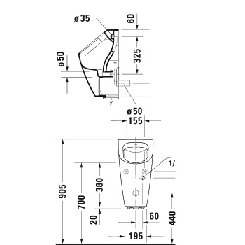 Duravit  Me by Starck Электронный безободковый писсуарс питанием от сети (в комплекте сифон, блок питания и подвод воды)