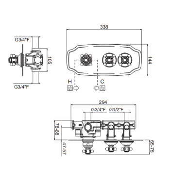 Внешняя часть горизонтальная термостатического смесителя Carimali Colonial на 2 потребителя. Colonial пластина and ручки, хром 21024EST/O-CR