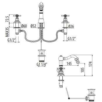 Смеситель для биде Gattoni Trd на 3 отверстия, ручки Paris, высота излива 105, с донным клапаном, золото 24к TR145/18D0
