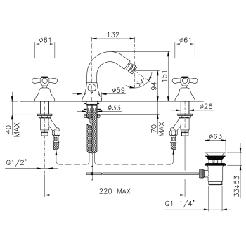 Смеситель для биде Nicolazzi Nuova Brenta на 3 отверстия, с донным клапаном, излив: 132мм, бронза 2515BZ
