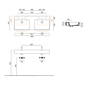 Раковина двойная Catalano Premium 120х47, подвесная, без отв, белый глянцевый 221220001