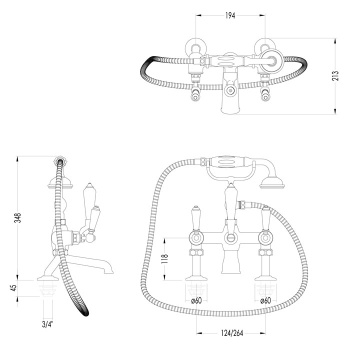 Смеситель для ванны Devon&Devon Dandy монтаж на стену без эксцентриков - межосевое расстояние 194мм с лейкой и шлангом никель блестящий MARF40BNKS