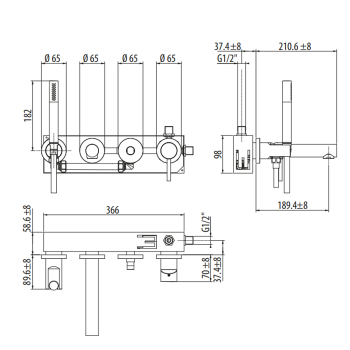 Смеситель встроенный для ванны Gattoni Circle One на 4 отв,с внутр частью, с ручной лейкой, bianco opaco 9005/90BO