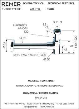 Сифон Remer 1”1/4 без выпуска латунь хром цилиндр h90 958B