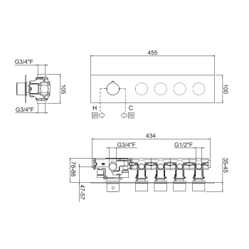 Внешняя часть горизонтальная для термостатического смесителя Carimali Iltondo с 4 независимыми выходами хром 21049EST/O-CR