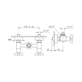 Смеситель для душа Nicolazzi Monte Croce с 2мя ручками, вывод сверху 1/2, золото 2225GO27