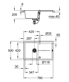 Мойка GROHE K400, 780 x 500 мм, серый гранит 31639AT0