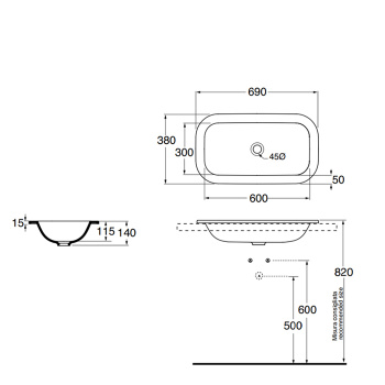 Раковина встраиваемая на столешн. без отв. под смеситель Azzurra Glaze 69x38см, белый GLLI06938000BI (GLZ 69x38/IN bi)