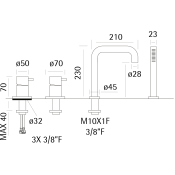 Смеситель на борт ванны Cisal Xion на 4 отверстия, излив 200 мм, нержавеющая сталь XI001260D1