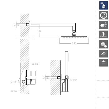 Смеситель для душа Ramonsoler Kuatro встраиваемый с тропическим и ручным душем K4715021