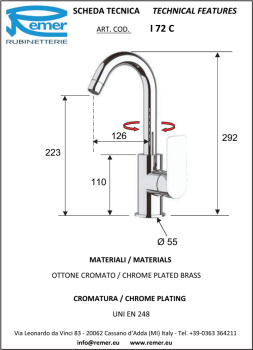 Смеситель для раковины Remer Infinity  хром I72C
