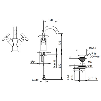 Смеситель для биде Fantini Icona Classic 1 отв., с донным клапаном, хром 53 02 R062F