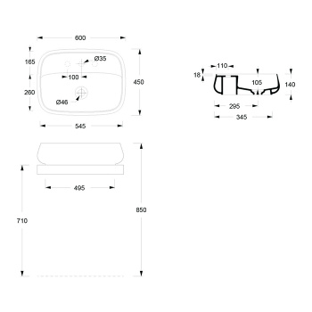 Раковина накладная Alice Nur 60x45xВ15 Plan, с отверстием под смеситель, белый глянцевый, 33210101