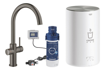 Комплект для кухни GROHE Red Duo II с бойлером M-size, смеситель с C-образным изливом, темный графит