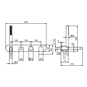 Смеситель для ванны Fantini Mare встраиваемый, излив 200, с ручн.душем, наружная часть, хром 51 02 V021B
