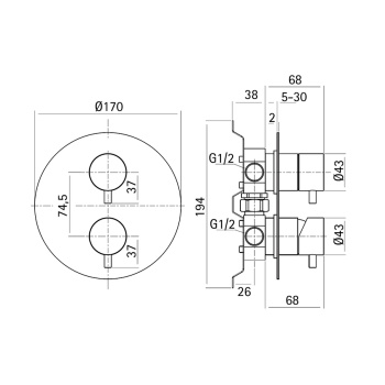 Встраиваемый смеситель для ванны Cisal Xion однорычажный, на 2 выхода, внешняя и внутренняя части в комплекте, нержавеющая сталь AISI 304 XI000213D1