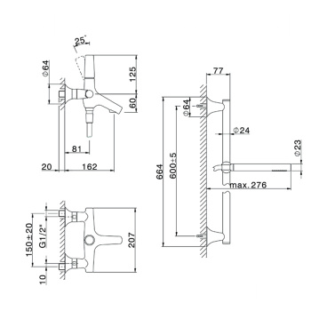 Комплект для ванны с душем Cisal Vita смеситель+ душевой гарнитур штанга L=664мм, шланг и ручной душ 1 режим, хром VI00006421