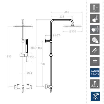 Душевая система Ramonsoler Alexia термостатическая без излива с регулировкой высоты чёрный 3654RM250NM