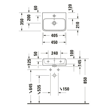 Duravit  Qatego Раковина подвесная 450х350х125 мм, без отв под смеситель, цвет белый
