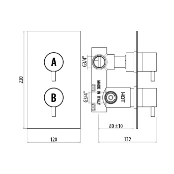 Смеситель для душа Gattoni Flat Termostatici 2 рычага на 2 выхода, на прямоугольной пластине, хром TS991/22C0.M