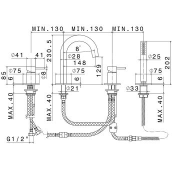 Смеситель для ванны набортный с изливом Newform X-steel 316 в комплекте руч. душ, шланг, INOX 69682XC.50.050