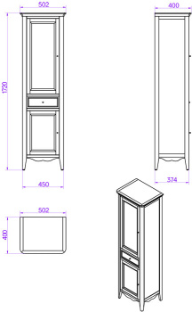 Пенал Tw Veronica 50.2/45x40/37.4xh172, 1выдв.ящик, 2 распашные дверки, доводчики Blum, петли справа-DX,, bianco, ручки riflesso бронза VER3050D-B