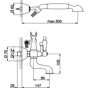 Смеситель для ванны Cisal Arcana Toscana настенный, с ручной лейкой,держателем и шлангом, бронза TS00012027 Акция