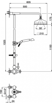 Душевой комплект Cisal Arcana America термостатический смеситель, стойка с верхним душем, лейка+шланг, хром AA00407021