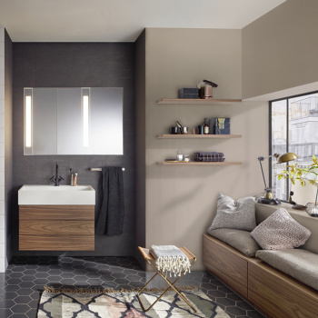 BURGBAD RC40 Комплект мебели, раковина 81.4см. белая, тумба с 2 ящиками, зеркальный шкаф с подсветкой, напольная тумба с 3 ящиками, подвесной, цвет: Bambus Natur WAAY080 F4109