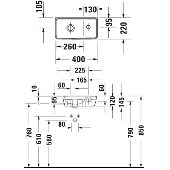 Duravit D-Neo Раковина 400  мм, без перелива, с 1 отв. под смеситель справа, с WonderGliss, цвет: белый