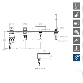 Смеситель на борт ванны Ramonsoler Alexia термостатический с каскадным изливом и ручным душем 363303TM