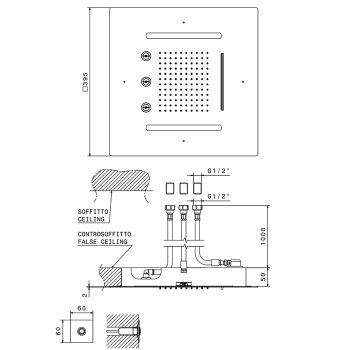 Верхний душ Newform Soffioni 400х400, квадрат, монтаж в потолок, 3 источника тропический душ, водопад, распылители, LED подсветка G1/2, хром 687.21.018