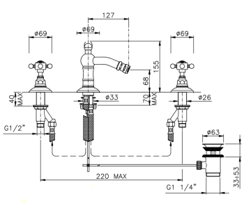 Смеситель для биде Nicolazzi Dames Anglaises на 3 отверстия, с донным клапаном, тёмная бронза 1415DB18