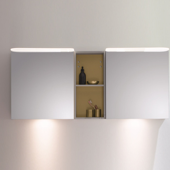 BurgBad Badu Зеркальный шкаф 150х31х66.5см, 2 светильника,2 выкл, 2 зерк двери, стойка с 1 полкой, стекл полки, освещение мойки, цвет: лен серый/Gold SFUE150K0521T0015